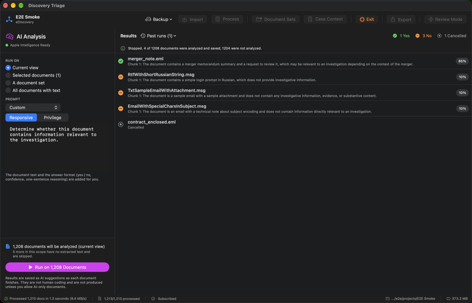 AI review results: a decision, confidence and one-line reasoning for each document