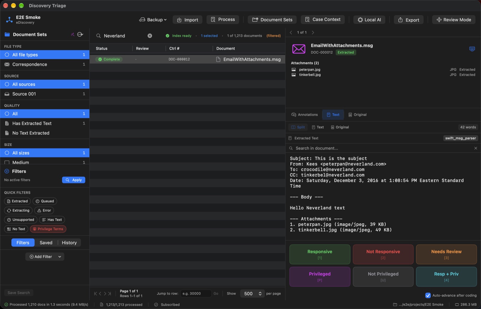 Discovery Triage on a Mac: a three-pane view with the document list, an email, and review controls